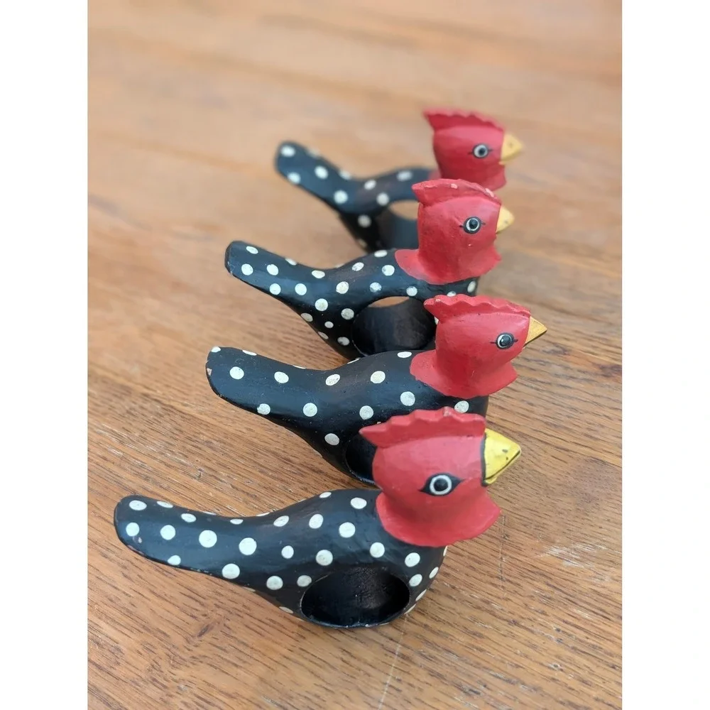 Vintage‎ Hand Painted Wooden Chicken Napkin Rings 4 Black Polka Dot Folk Art